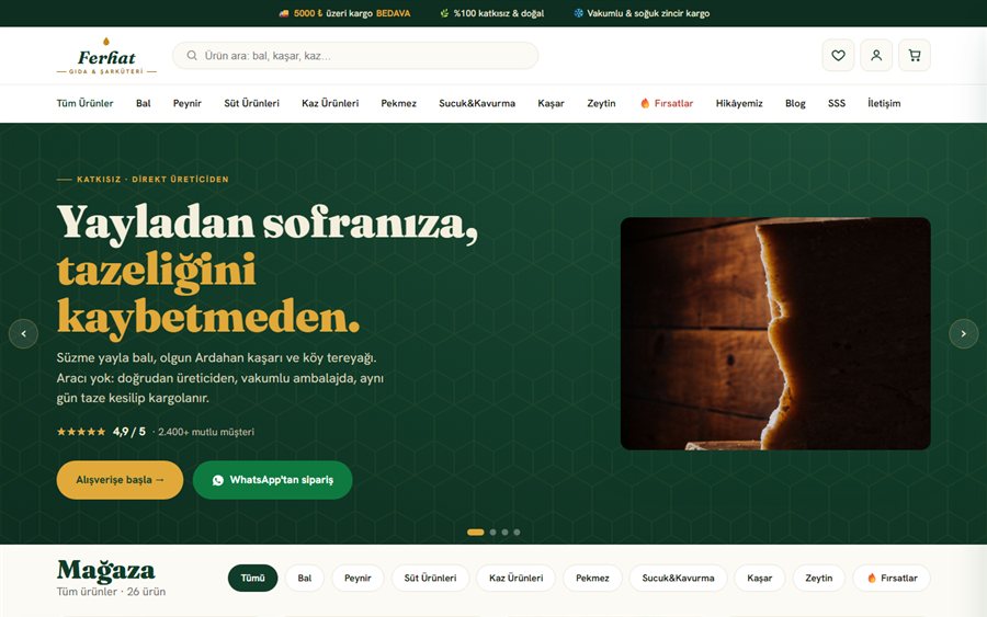 Ferhat Gıda ve Şarküteri e-ticaret sitesinin ana sayfası: yeşil temalı tasarım, yayla balı ve kaşar ürün vitrini
