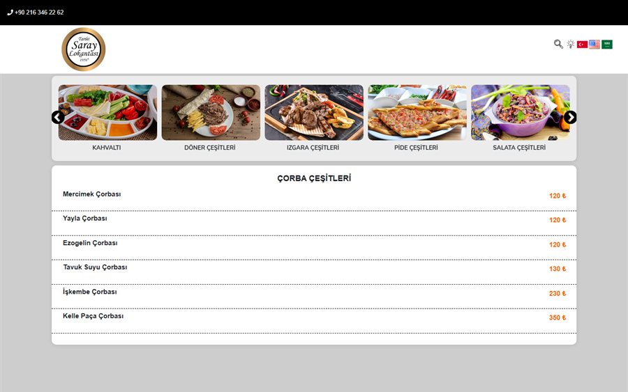Tarihi Saray Lokantası web sitesinin menü sayfası